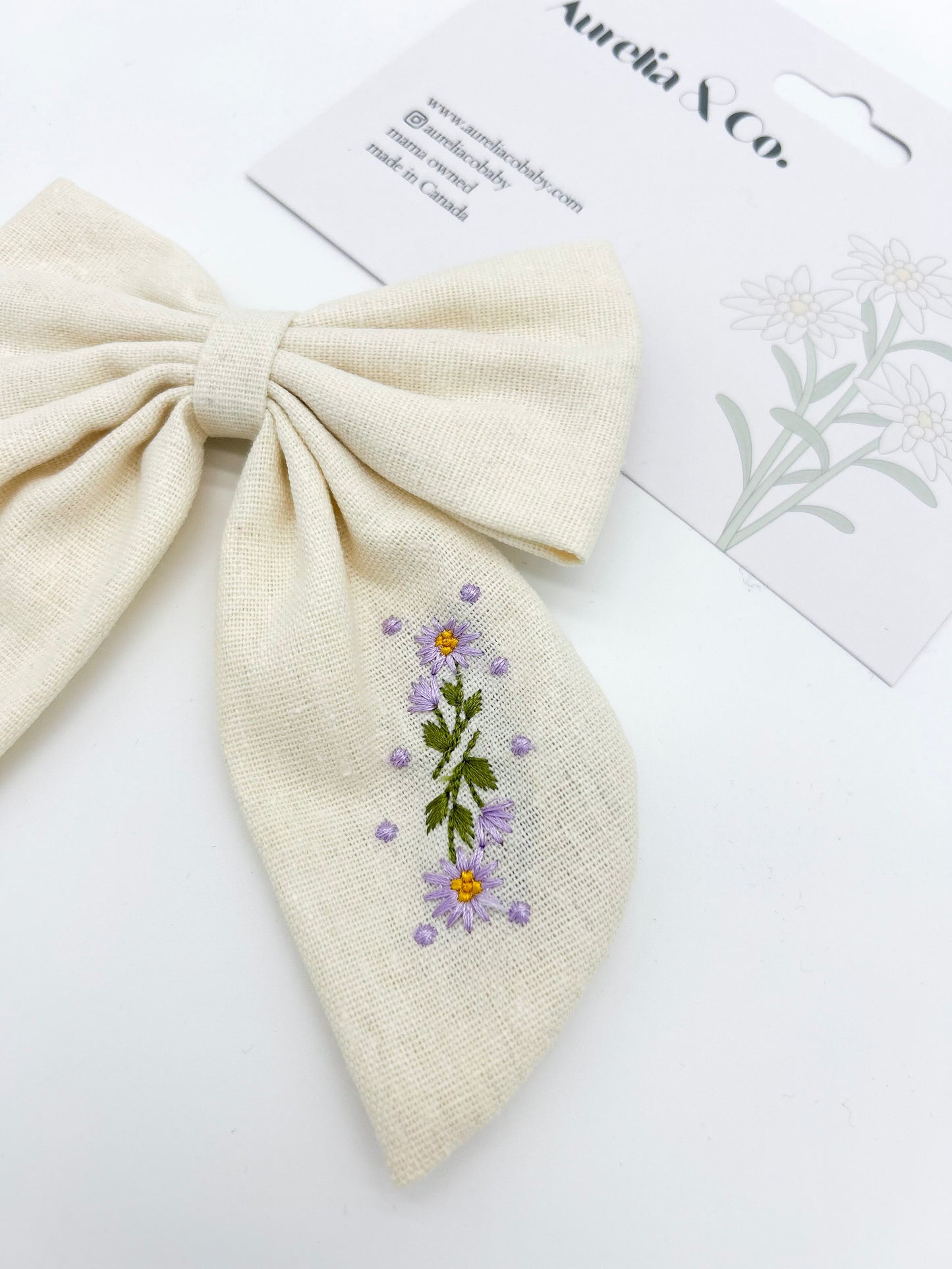 Linen Embroidered Floral Bow