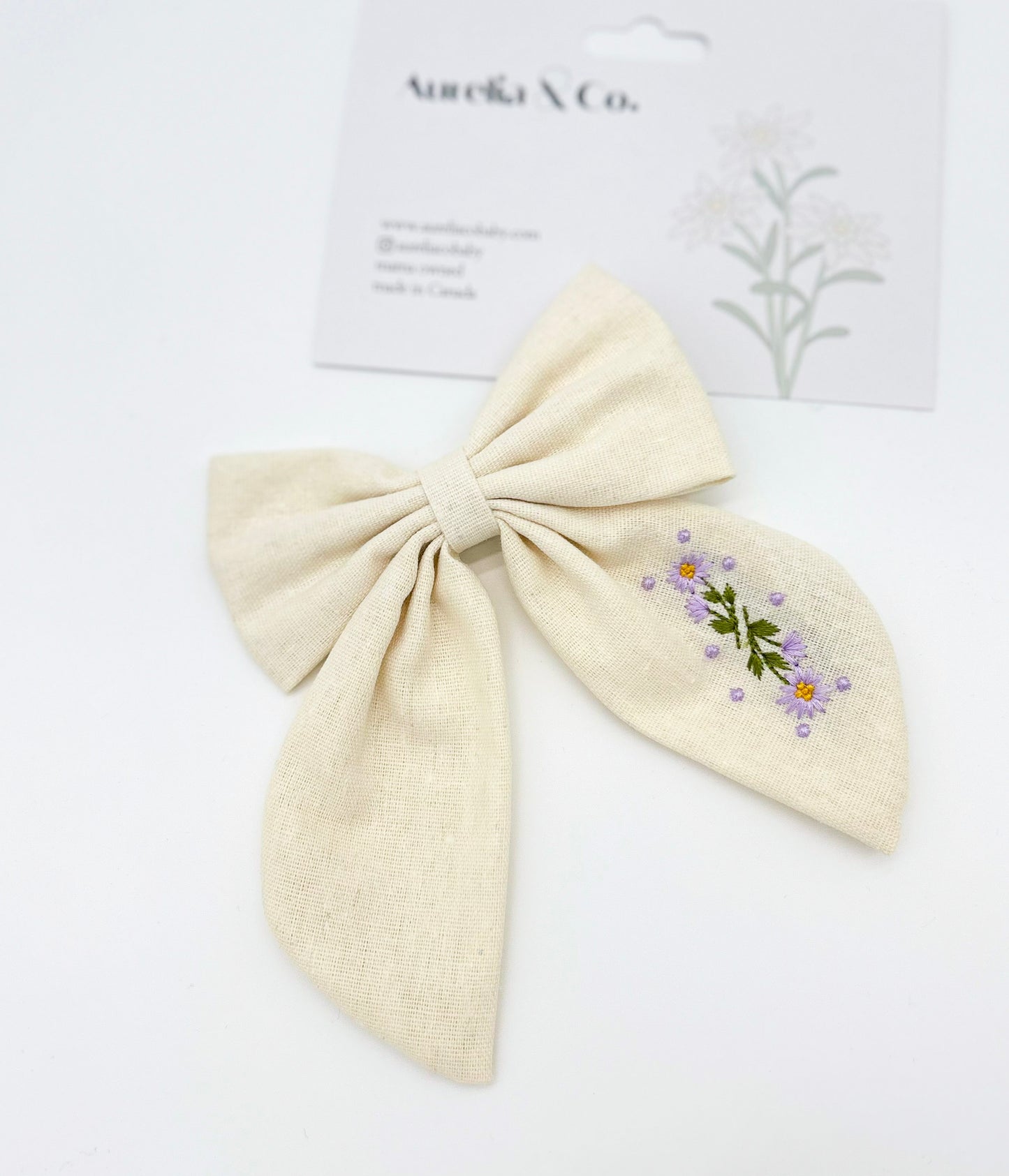 Linen Embroidered Floral Bow